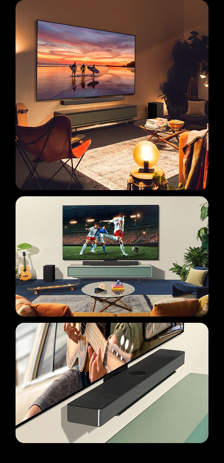 Three images are shown in sequence. Firstly, a side profile view of LG OLED evo C4 showing landscape photography in a casual and bohemian-style living room with warm lights. And then, two women enjoying and cheering on the soccer game playing on LG OLED evo C4 in a bright and casual living room. The LG Soundbar SC9 attaches neatly to the TV. Lastly, an angled crop view of LG OLED evo C4 attached to LG Soundbar SC9 with the Synergy Bracket. 