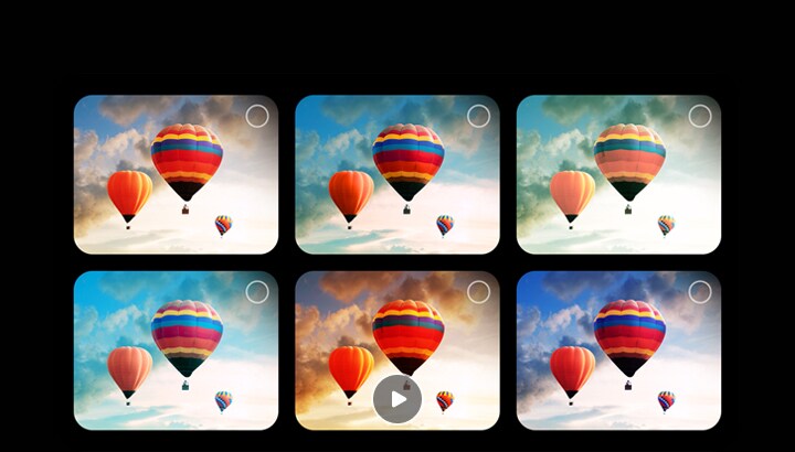 A gallery featuring 6 images of hot air balloons in the sky is shown. Two images are selected. Next, a gallery featuring 6 images of people blowing bubbles appears. 2 more are selected. A black screen appears with a pink and purple loading icon. A mystical landscape appears, and refinements appear gradually from left to right.