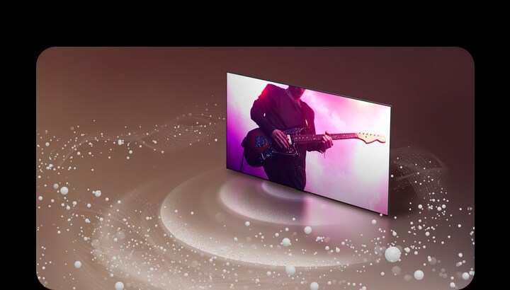 An LG OLED TV displaying a guitar performance floats against a light mauve backdrop. White beads of sound and waves project from the TV and circle around it.	
