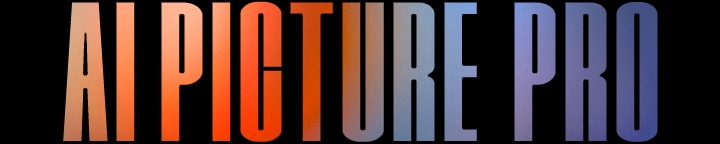 Text reading 'AI PICTURE PRO' in bold, capital letters with a gradient color scheme ranging from orange on the left to pink and blue on the right, set against a black background.	