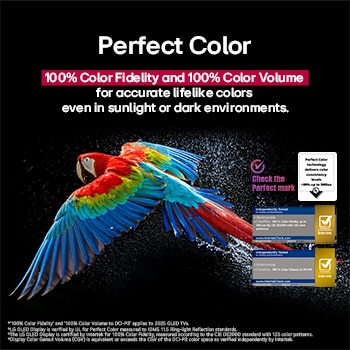Colorful parrot in ultra-high definition against a black background. Water drops are suspended in the air all around it. The image showcases Perfect Color as each different hue on the parrot's body is vibrant and vivid. Different logo certifications from UL and Intertek are visible. These refer to 100% Color Fidelity and 100% Color Volume. Text is also visible, check the Perfect Color certification mark.