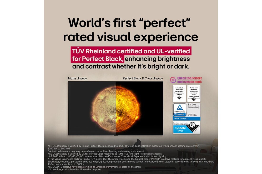 Colorful parrot in ultra-high definition against a black background. Water drops are suspended in the air all around it. The image showcases Perfect Color as each different hue on the parrot's body is vibrant and vivid. The dark background with the detailed water splashes also highlights how the screen is reflection-free. Different logo certifications from UL and Intertek are visible. These refer to its 100% Color Fidelity, 100% Color Volume, and reflection-free claim. Text is also visible, check the Perfect Color certification mark.