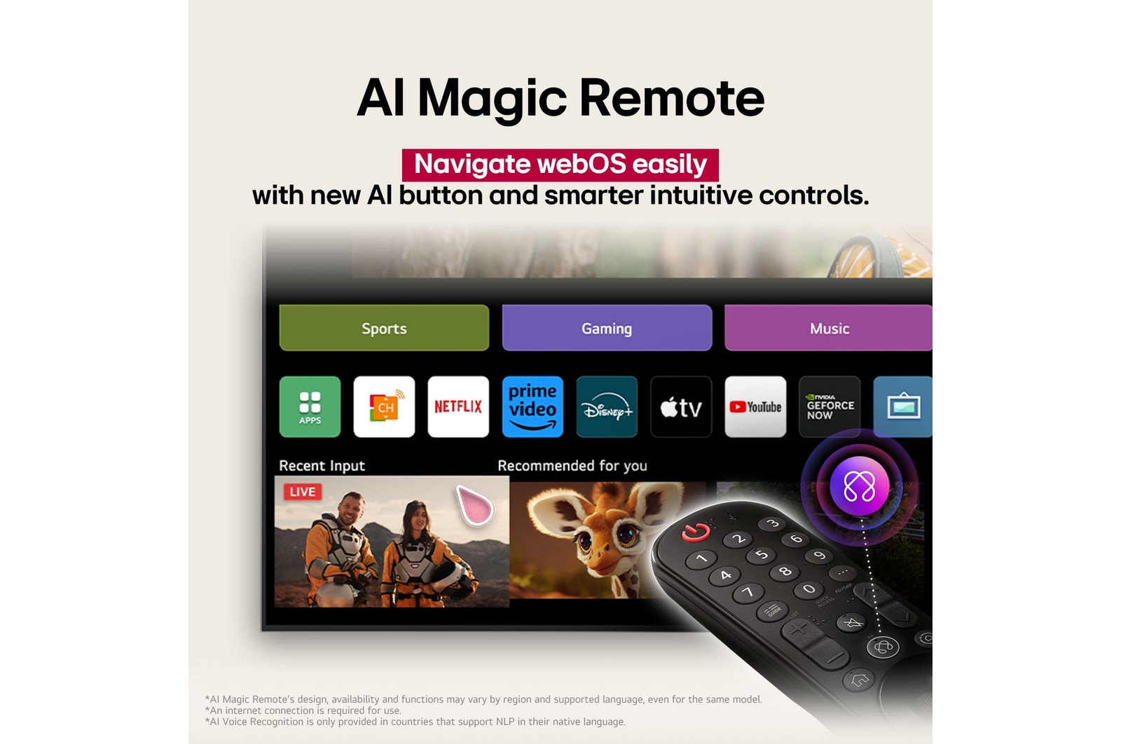 LG AI Magic Remote with the AI button highlighted. Around it are the different functionalities that a user can access from the button. AI Voice ID, AI Search, AI Chatbot, AI Concierge, AI Picture Wizard, AI Sound Wizard. The text explains that the LG AI Magic Remote completes your AI experience with a dedicated AI button and can be used like an air mouse. Just point and click.