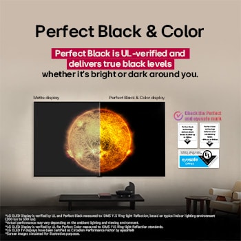 Living room space with a wall-mounted LG OLED TV. On the TV is a mountain range against a dark evening sky filled with stars. This scene is split in half to show how Perfect Black delivers true black levels whether it's bright or dark around you. One side of the scene shows a duller, grayer version of the landscape labeled, Matte display. On the other side is a more pleasing picture with a larger dynamic range of blacks and whites. This is labeled, Perfect Black display. Logo certification is also visible, Perfect Black Technology delivers black levels less than or equal to 0.24 nit up to 500 lux. A text bubble is by its side it says, check the Perfect Black certification mark.