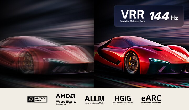 Two images of a car in a video game side-by-side. One shows a lot of motion blur. The other is sharp and in-focus showing the high frame rate of LG QNED TV. VRR logo and a 144Hz logo are on the upper right corner.	