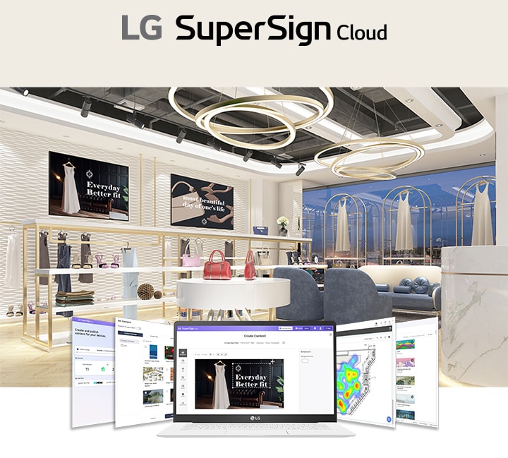 This shows an image of a retail clothing store with five browser windows from LG SuperSign Cloud displayed at the bottom. The central window showcases the content creation process and how the created content is applied to in-store displays.