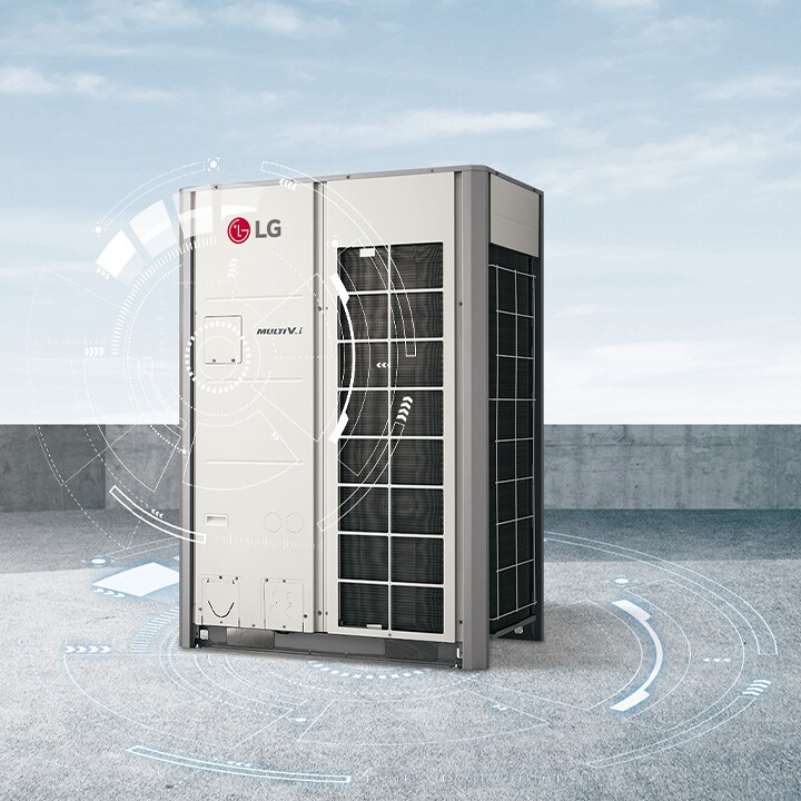 The LG MULTI V i unit, with its AI chip and futuristic circular pattern, is optimally positioned on the roof area.	