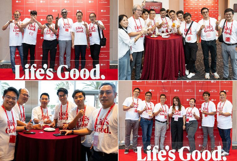 Collage of groups of people at the 2024 LG Alumni Event, wearing 'Life's Good' shirts and posing in front of an LG-branded backdrop, and mingling around a table.