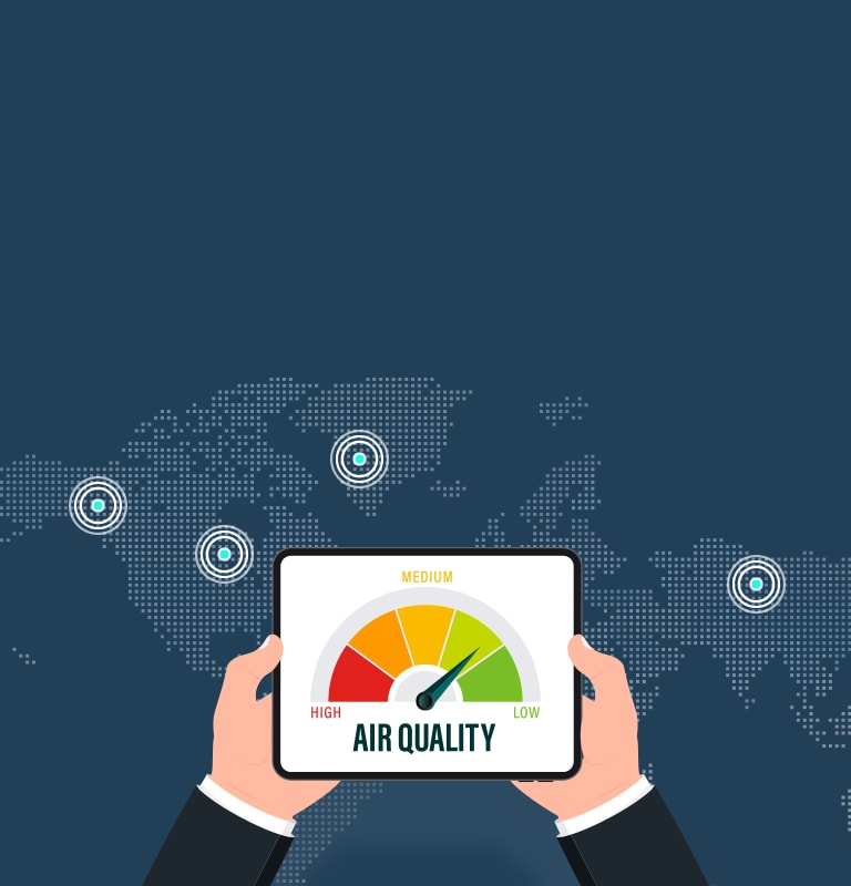 Illustration of a tablet displaying air quality levels with a global map background, highlighting worldwide air quality standards.