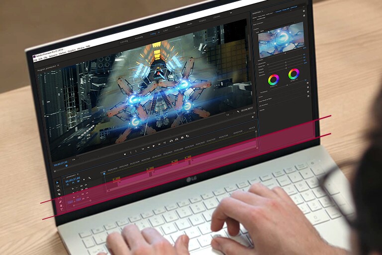 User works with 16:10 large display. An enlarged part compared to 16:9 ratio is highlighted in red.