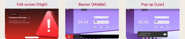Using CAP settings, emergency alarms or warnings are automatically sent to devices during disasters. Based on the urgency and severity, the messages are displayed in full screen, centered, or at the bottom of the screen. This image illustrates such a scenario.