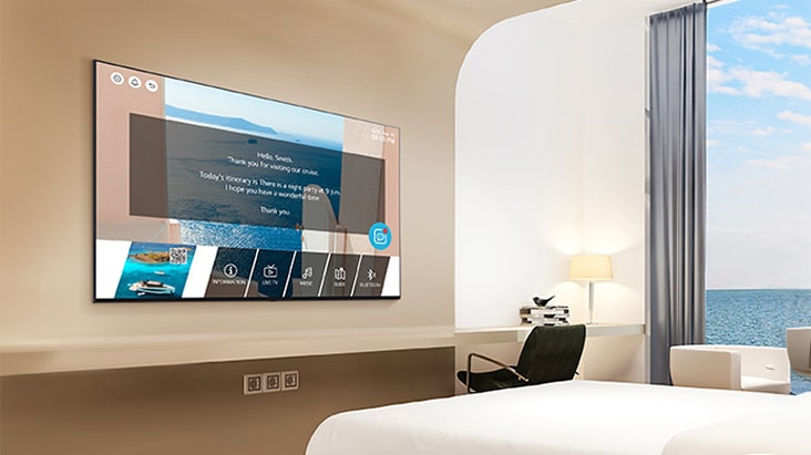 An LG commercial TV is installed in a cruise ship cabin.	