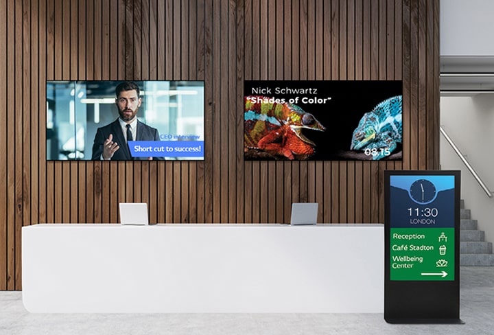 Various types of displays are installed in the company lobby.