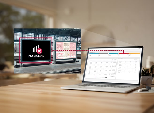 The LG SuperSign Control+ dashboard image is displayed on a laptop screen, showing signage error statuses visible on the left and allowing for remote checks directly from the dashboard.