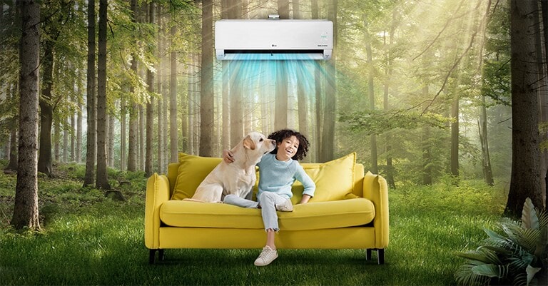 an air conditioner that breathes cool air on green grass