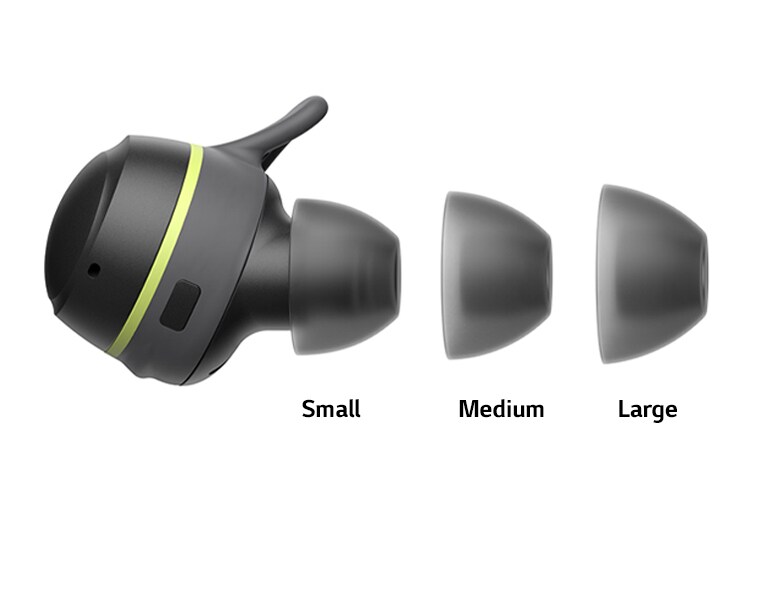 A TONE Free fit earbud seen from the side with the Small, Medium, and Large eargels shown.