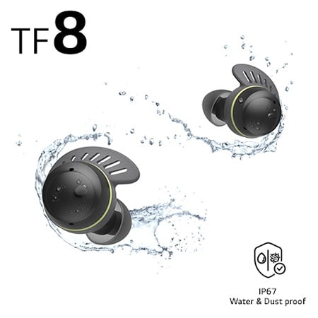 TONE Free fit earbuds being splashed by water and droplets.