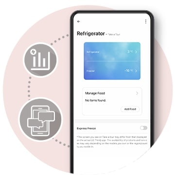 It shows a mobile screen and icons that introduce the functionality of the freezer.