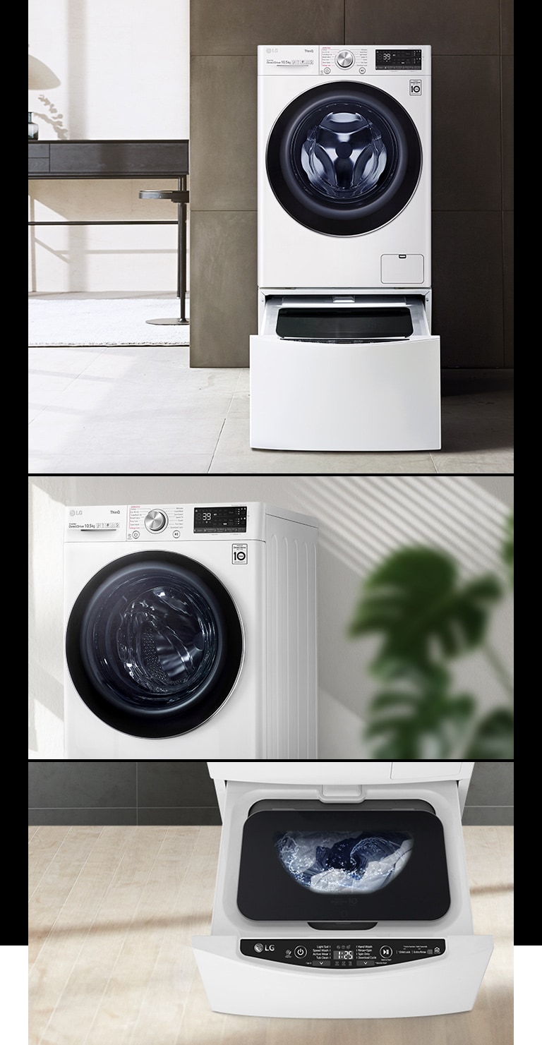 Three interior photos with twinwash and washing machine.