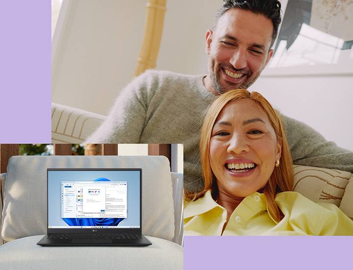 A man and a woman are looking at the Microsoft 365 screen on an LG gram.