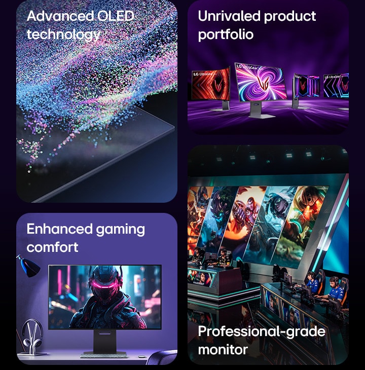 An image showcasing key features of LG OLED gaming monitor - Advanced OLED technology, Unrivaled product portfolio, Enhanced gaming comfort, Professional-grade monitor.