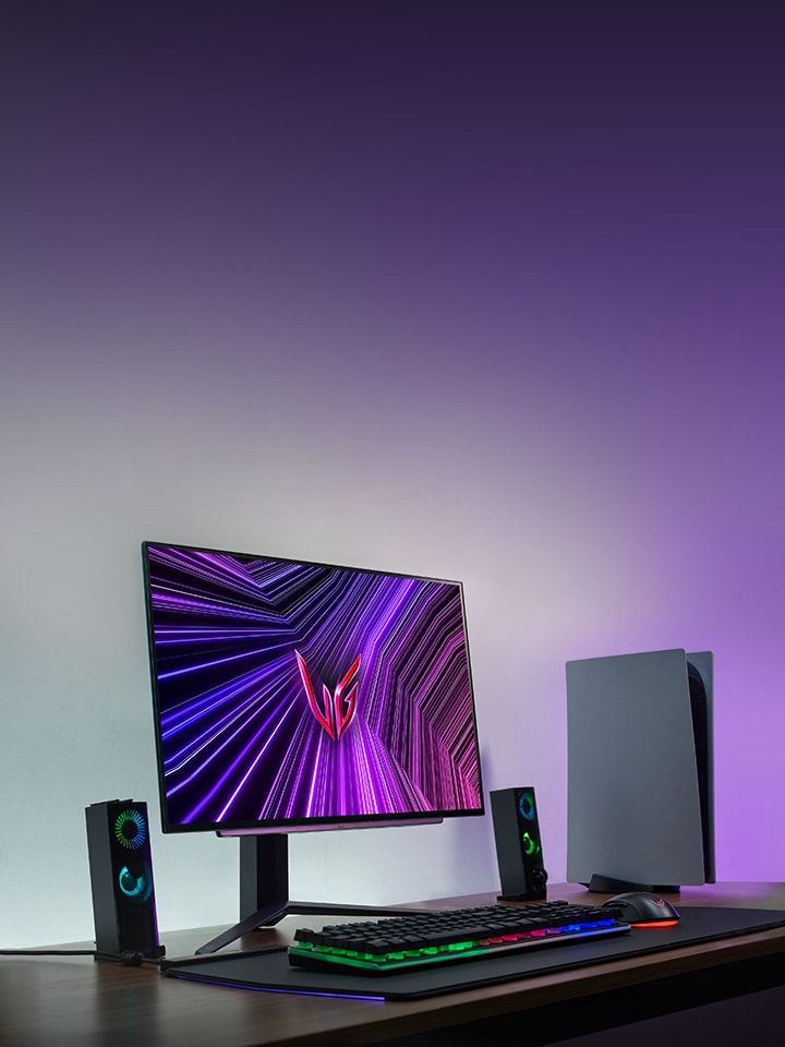 An image showcasing the gaming setup of the LG UltraGear OLED gaming monitor 27GS95QE model.