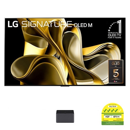 Front view with LG OLED M3 on the stand and Zero Connect Box below, 10 Years World No.1 OLED Emblem, LG Signiture OLED M, and 5-Year Panel Warranty logo on screen