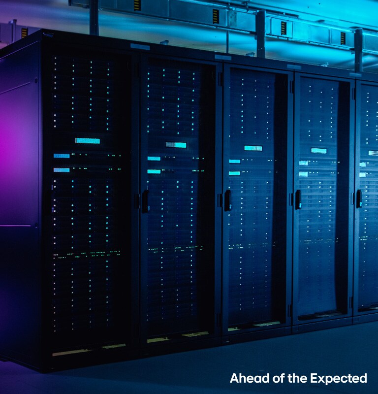 High-performance data center with illuminated server racks, advanced IT infrastructure.
