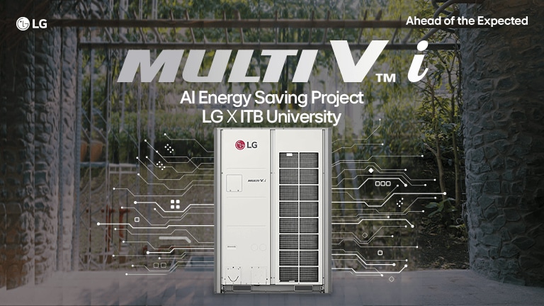 LG MULTI V i outdoor AC unit at ITB University with AI energy-saving tech and digital circuit overlay