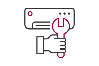 Convenient Installation & Maintenance icon featuring a hand holding a wrench in front of an air conditioning unit.	