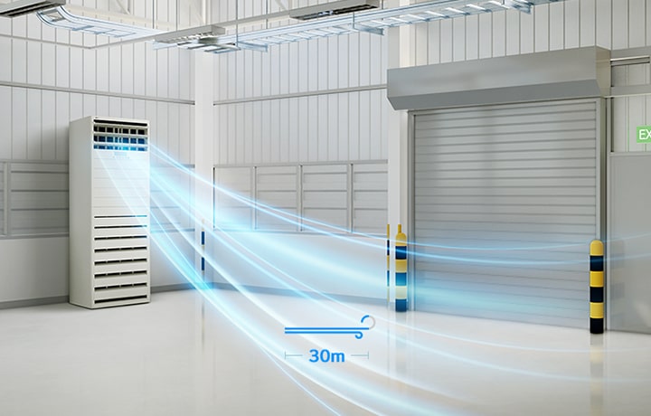 The LG Floor Standing Unit cools a large industrial space with powerful airflow, depicted by blue streaks extending 30 meters. 	