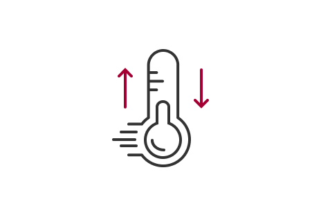A line-drawn thermometer icon with a red upward arrow on the left and a downward arrow on the right indicates quick temperature control for both heating and cooling. 	