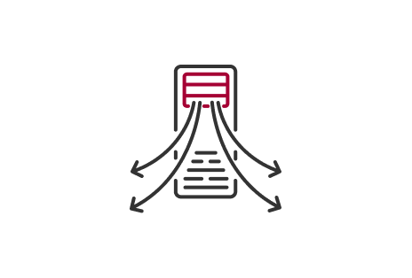 A line-drawn icon of an air conditioning unit with red fins at the top and four black arrows extending outward symbolizes wide-range airflow. 	