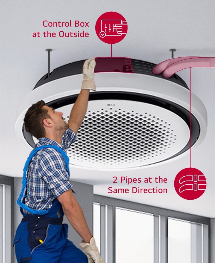 A technician easily installs the LG Round Cassette, which features an external control box and two aligned pipes mounted on a gray ceiling in a modern interior setting.