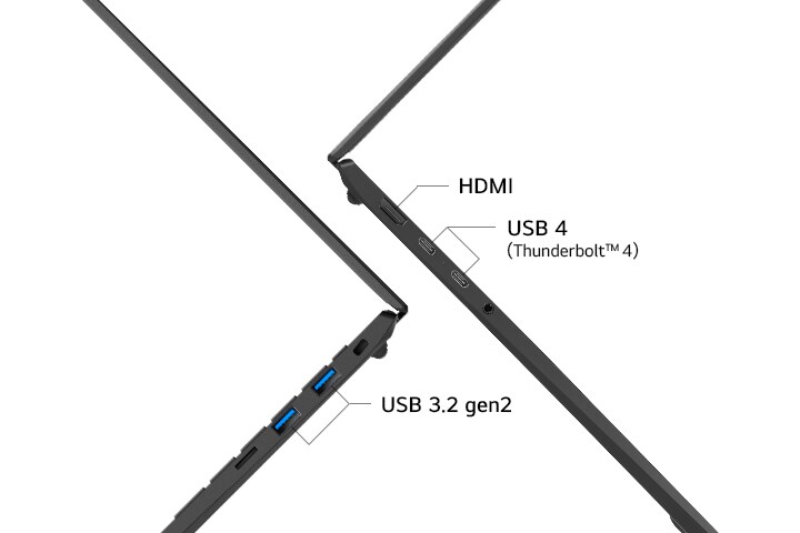 The image highlights the side ports of a laptop, including HDMI, USB 4 (Thunderbolt™ 4), USB 3.2 gen2. It showcases the laptop's versatile connectivity options.
