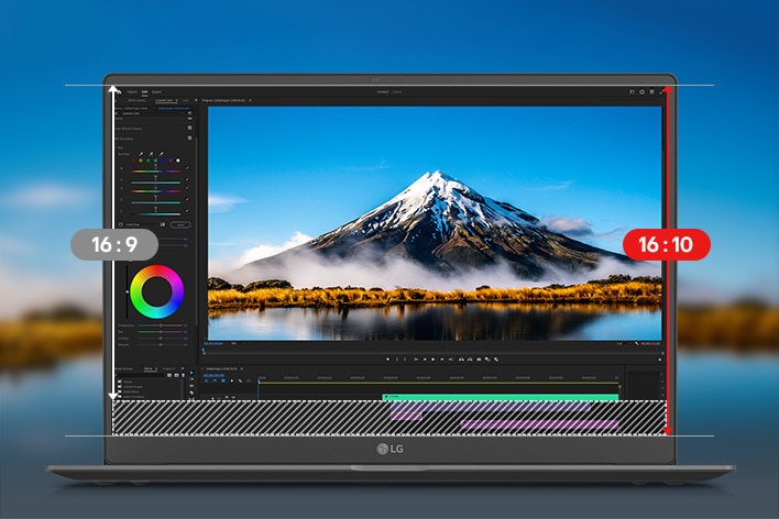 A laptop showcasing a video editing interface with a stunning mountain landscape on the screen. An animation highlighting the transition from a 16:9 aspect ratio to a 16:10 aspect ratio, emphasizing the expanded vertical workspace provided by the 16:10 ratio.