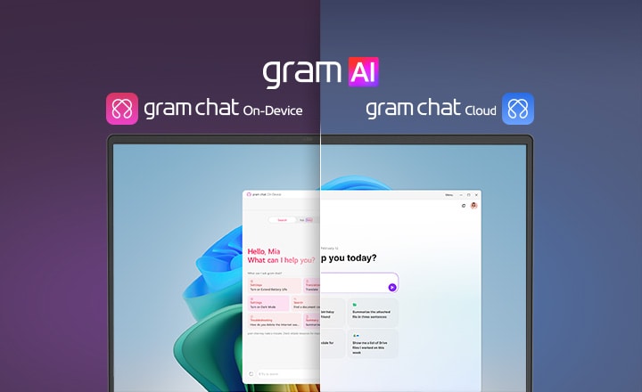 A split-screen image showcasing 'gram AI' with two distinct modes: 'On-Device' on the left, represented by a pink icon, and 'Cloud' on the right, represented by a blue icon. The screen displays an AI interface, symbolizing seamless AI functionality across both modes.