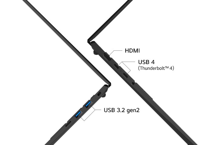 The image highlights the side ports of a laptop, including HDMI, USB 4 (Thunderbolt™ 4), USB 3.2 gen2. It showcases the laptop's versatile connectivity options.