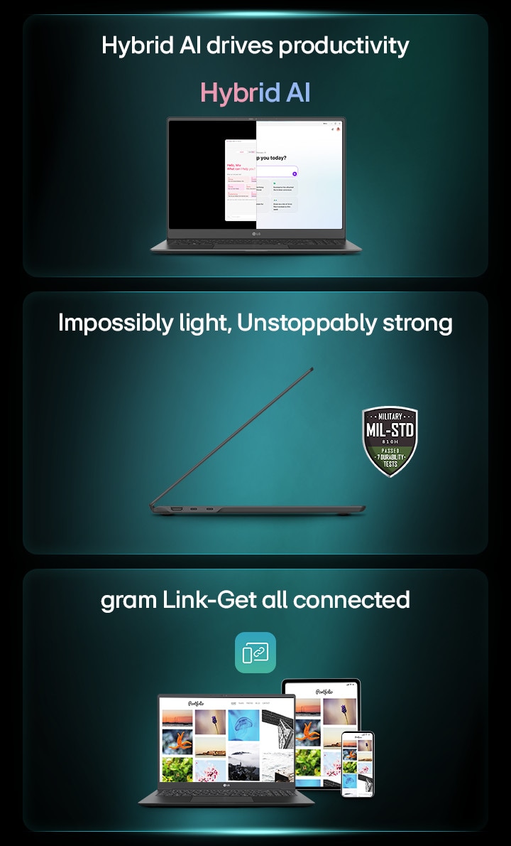 LG gram laptop showcasing Hybrid AI for productivity, ultra-light yet durable design, and gram Link for seamless device connectivity.