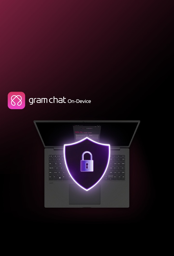 LG gram chat On-Device AI interface with a security shield icon, highlighting offline AI capabilities for secure, efficient work without internet access.
