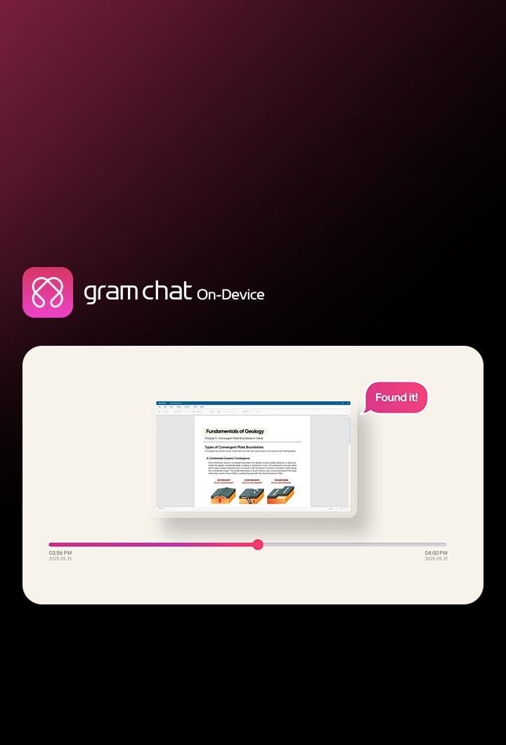 LG gram chat On-Device AI 'Time Travel' feature helping recover lost files by browsing past screens, with a progress bar and 'Found it!' notification.