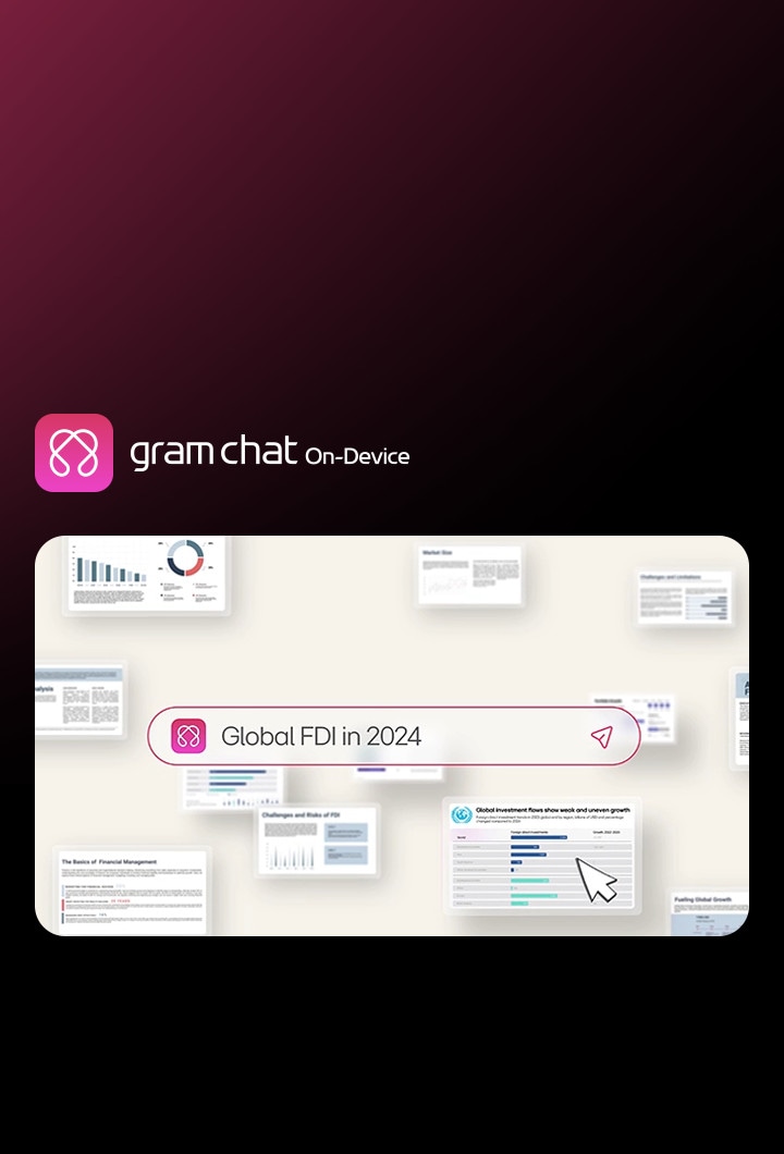 LG gram chat On-Device AI searching local files to provide tailored answers, displaying a query result for 'Global FDI in 2024' with document previews.