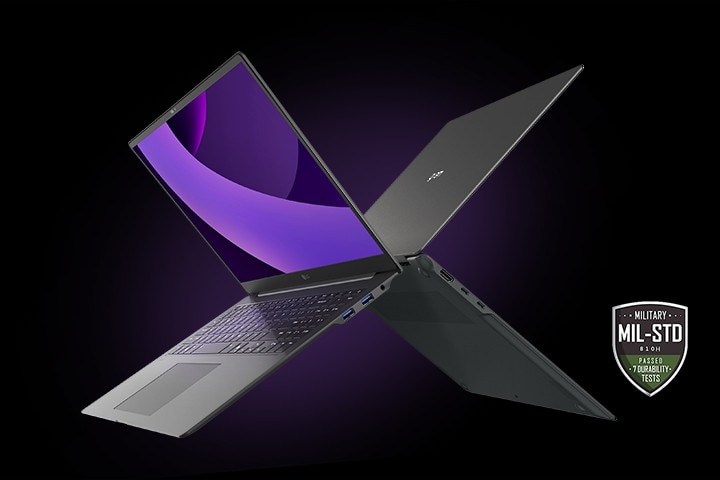 LG gram ultra-lightweight laptop with a sleek, portable design, showcased in an X-shaped open position, highlighting MIL-STD durability certification.