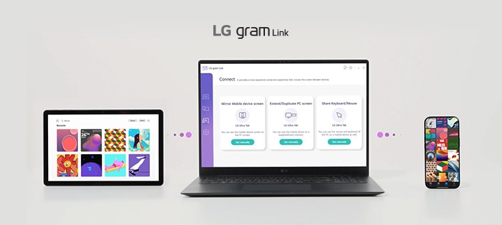 LG gram Link interface on a laptop, seamlessly connecting with a tablet and smartphone to share screens, transfer files, and sync devices across platforms.