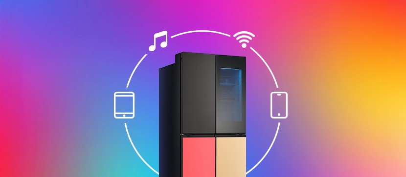 Music, Wi-Fi, and smartphone, tablet icons are placed around the refrigerator.