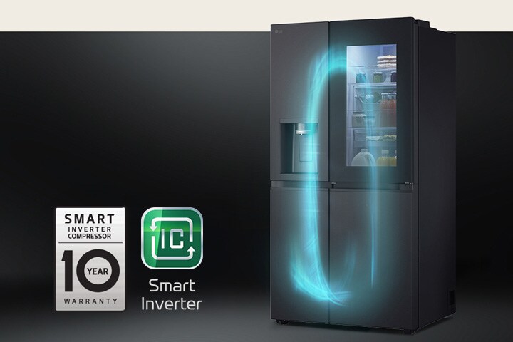 Refrigerator with efficient cooling system by smart inverter compressor and 10-year warranty label of compressor.