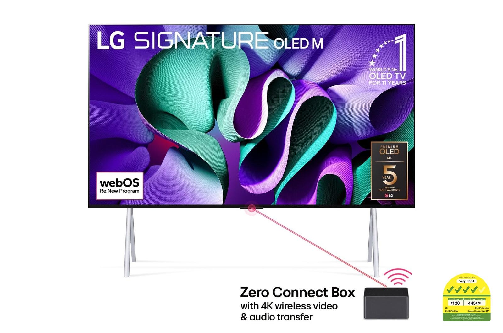 Front view with LG OLED TV, OLED M4 SIGNATURE on a stand, 11 Years of world number 1 OLED Emblem, webOS Re:New Program logo, and a Zero Connect Box with 4K wireless video & audio transfer connected to a TV, and a Wi-Fi signal coming out of the box
