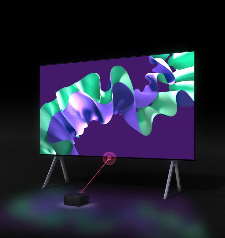 LG SIGNATURE OLED M4 shows purple and mint abstract artwork on screen, then the TV moves back and rotates to a 45-degree angle, revealing a Zero Connect Box in front of the TV on a stand in a dark space. A red Wi-Fi signal appears and a red beam emits towards the TV. 