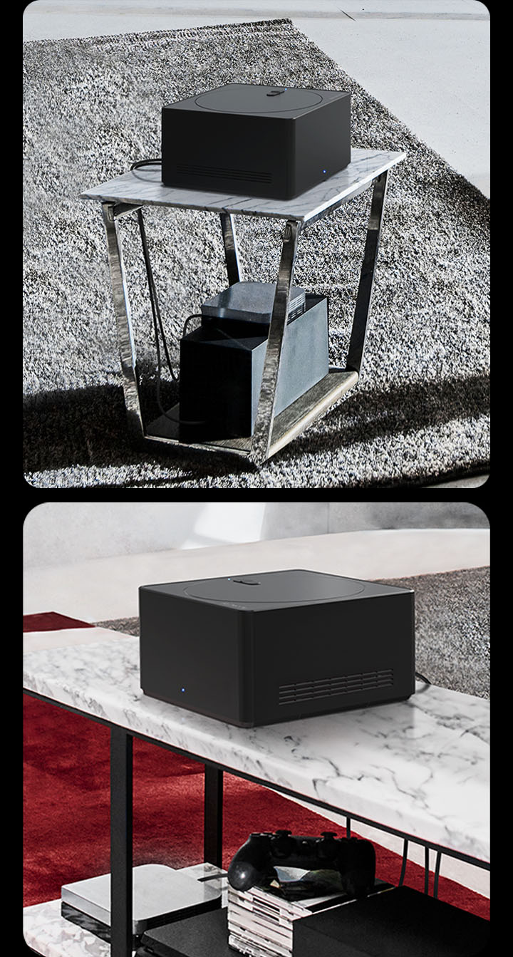 Three images show a Zero Connect Box. The first shows a cable being plugged into the Zero Connect Box. The second shows a Zero Connect Box on top of a small table with devices underneath. The third shows a Zero Connect Box on top of a large table with devices and consoles underneath.