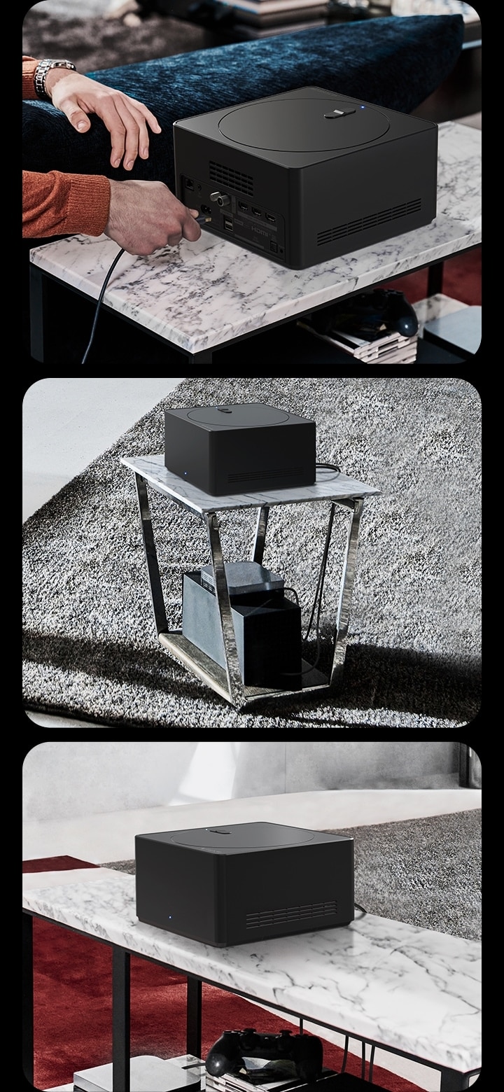 Three images show a Zero Connect Box. The first shows a cable being plugged into the Zero Connect Box. The second shows a Zero Connect Box on top of a small table with devices underneath. The third shows a Zero Connect Box on top of a large table with devices and consoles underneath.